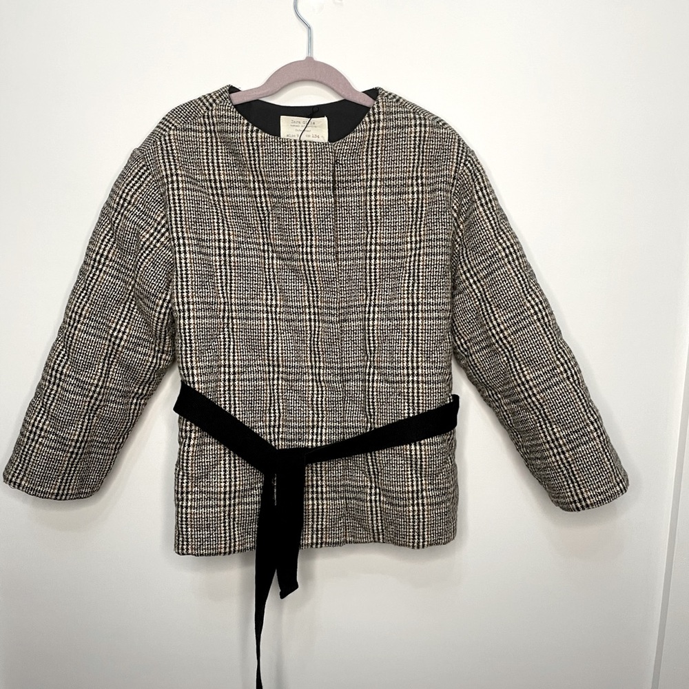 Zara girls short wool jacket plaid tie waist 9